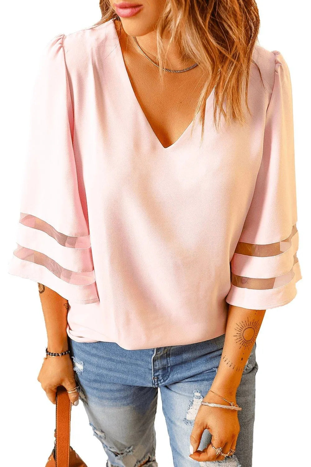 Flare Sleeve V Neck Loose Blouse Jewelry Bubble