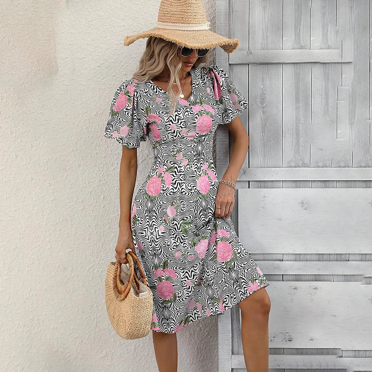 Floral & Abstract Print Puff Sleeve Dress - Shop Now! Jewelry Bubble