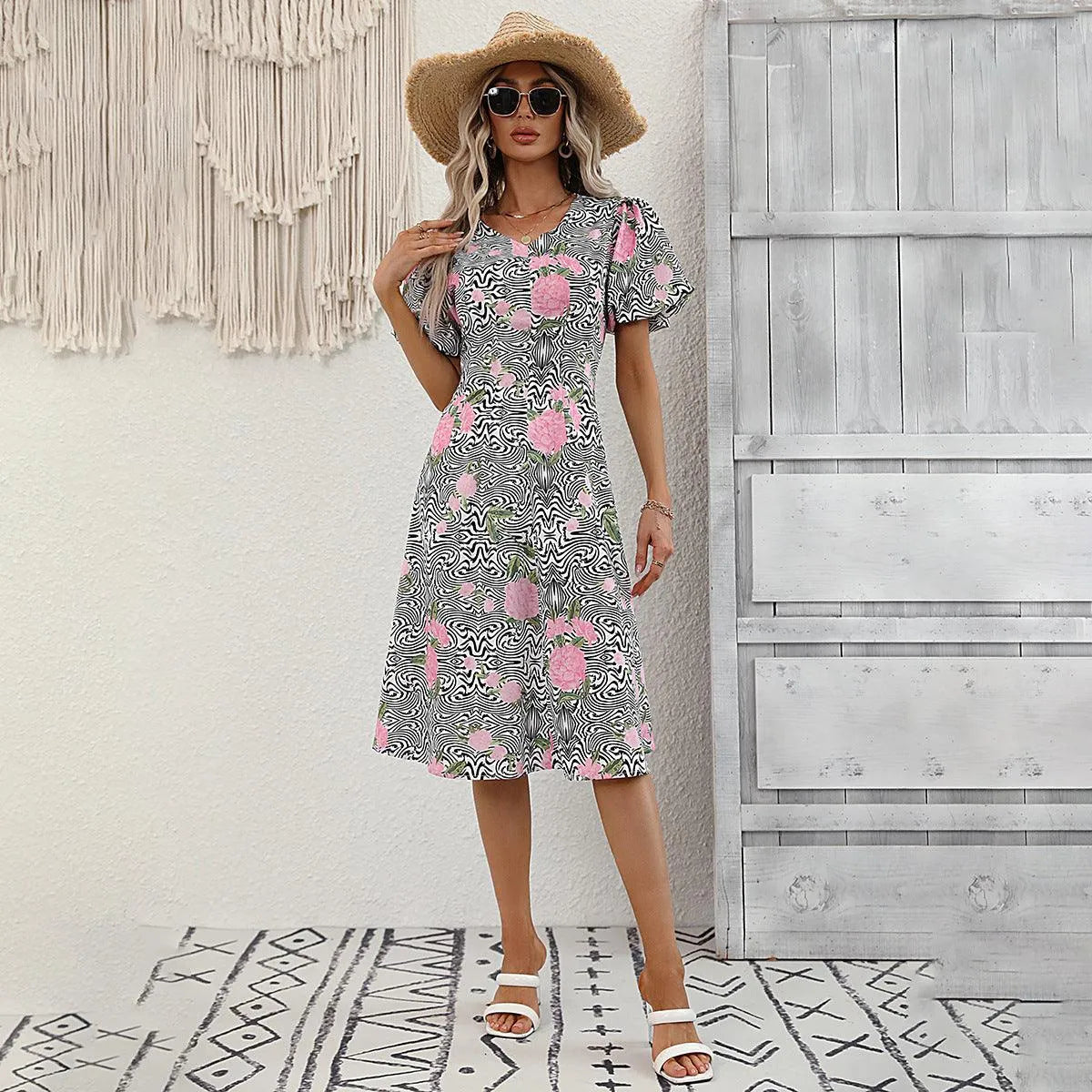 Floral & Abstract Print Puff Sleeve Dress - Shop Now! Jewelry Bubble