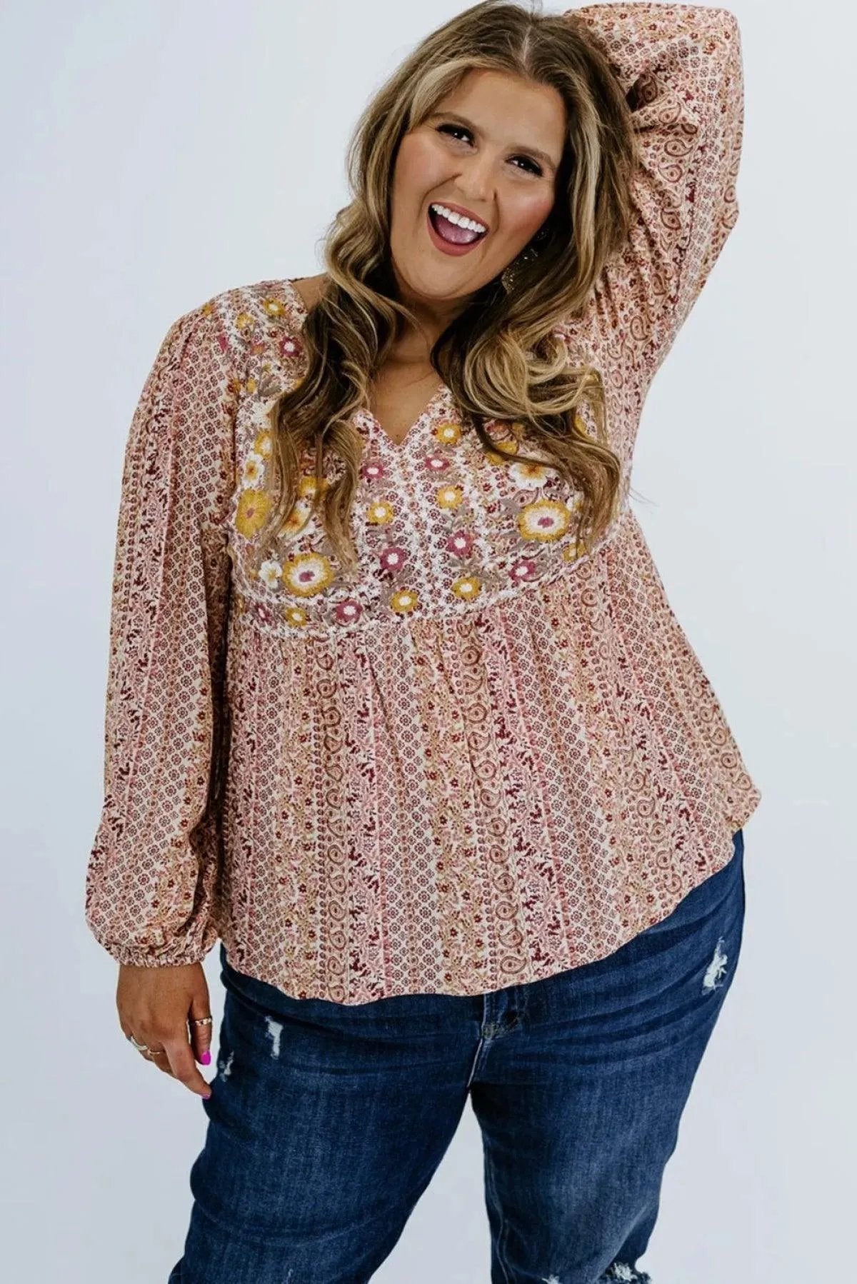 Floral Embroidered Plus Size Babydoll Blouse