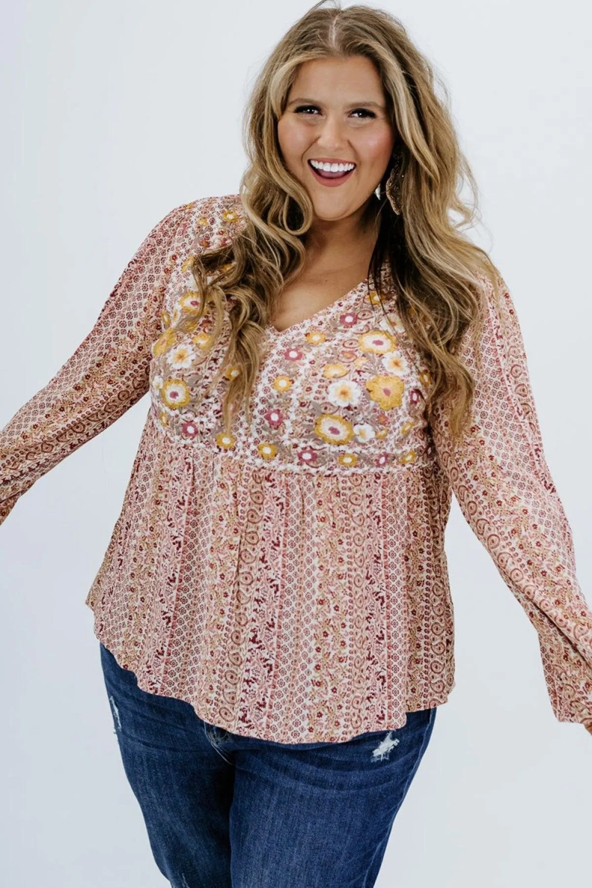 Floral Embroidered Plus Size Babydoll Blouse Jewelry Bubble