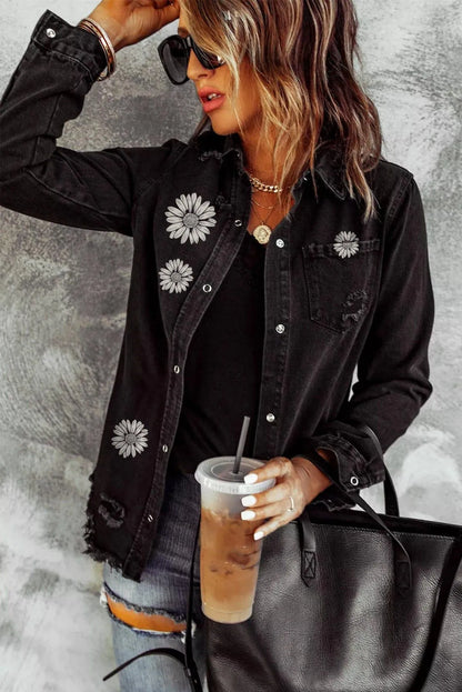 Floral Laser Etching Daisy Pattern Distressed Denim Jacket Jewelry Bubble