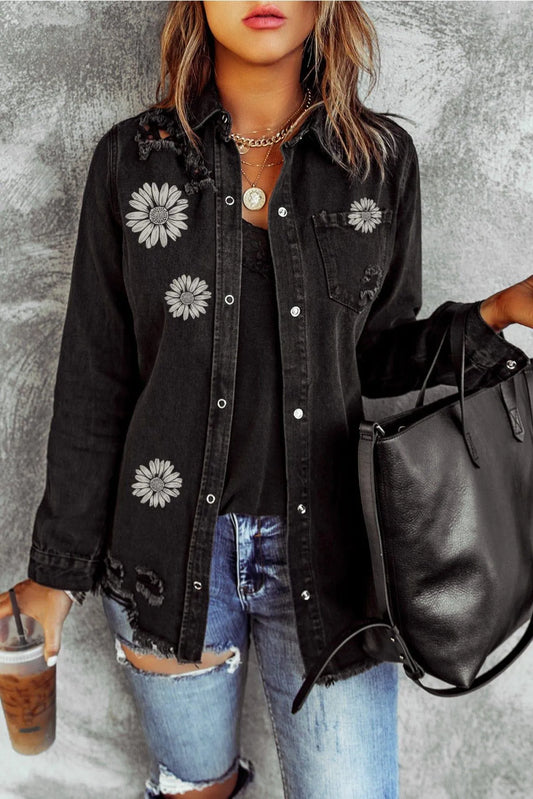 Floral Laser Etching Daisy Pattern Distressed Denim Jacket Jewelry Bubble