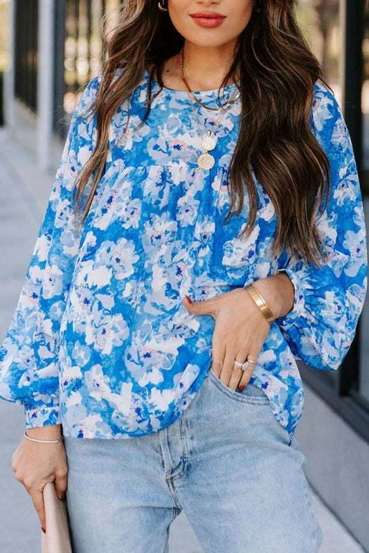 Floral Print Puffy Sleeve Babydoll Blouse Blue Jewelry Bubble