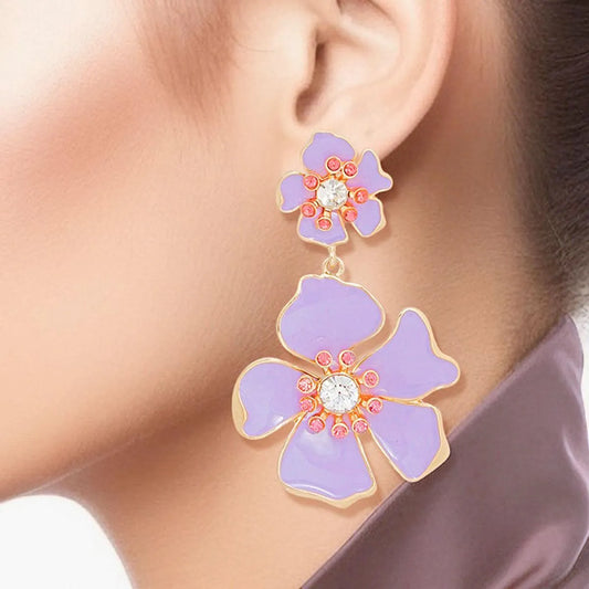 Flower Drop Earrings - Lavender Gold Floral Fashion Jewelry Pinktown