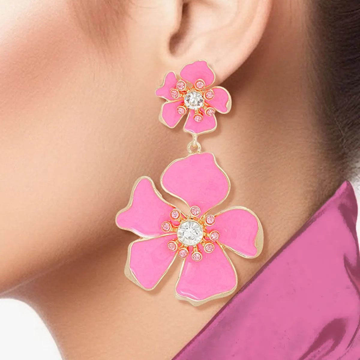 Flower Drop Earrings - Pink Gold Floral Fashion Jewelry Jewelry Bubble