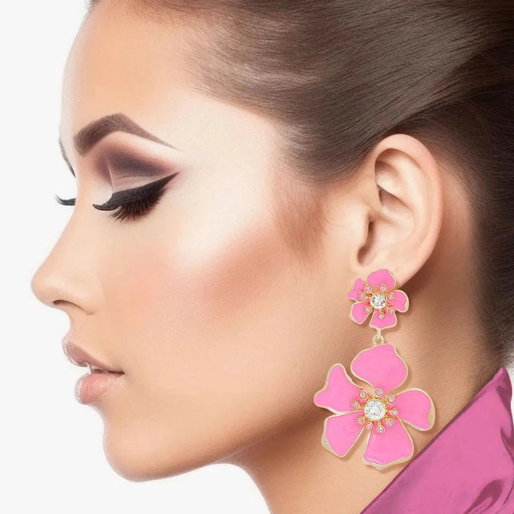 Flower Drop Earrings - Pink Gold Floral Fashion Jewelry