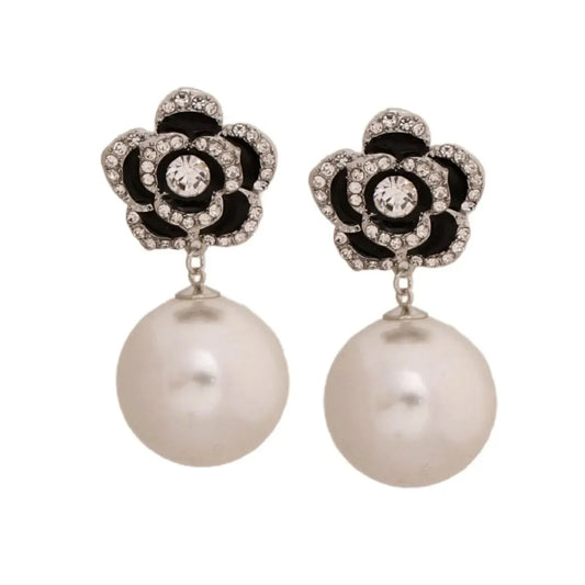 Flower Noire & Pearl Drop Earrings: Elegant Design You'll Love | Fashion Jewelry Pinktown