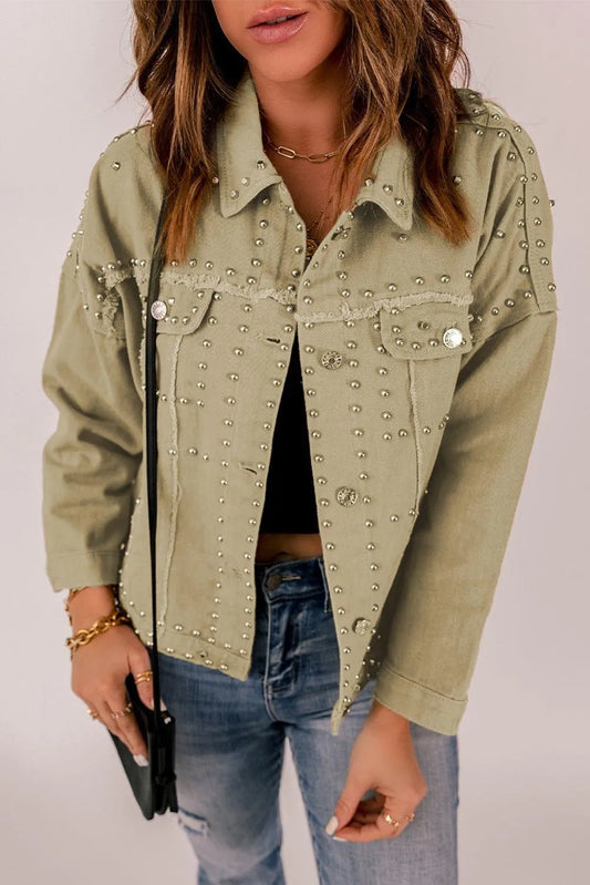 Frayed Trim Rivet Denim Jacket Jewelry Bubble