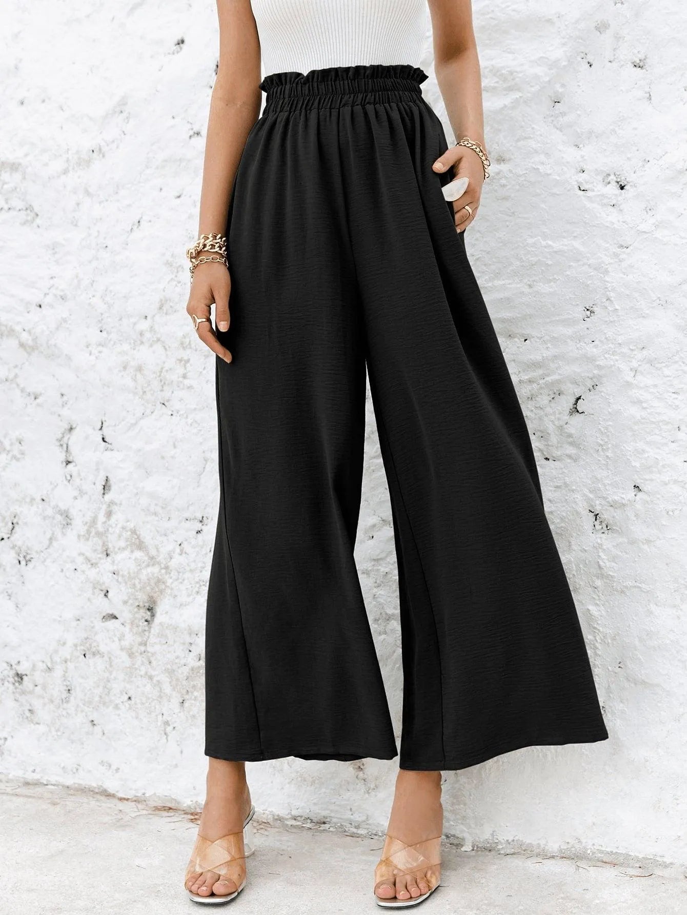 Frill Elastic Waist Wide Leg Pants Jewelry Bubble