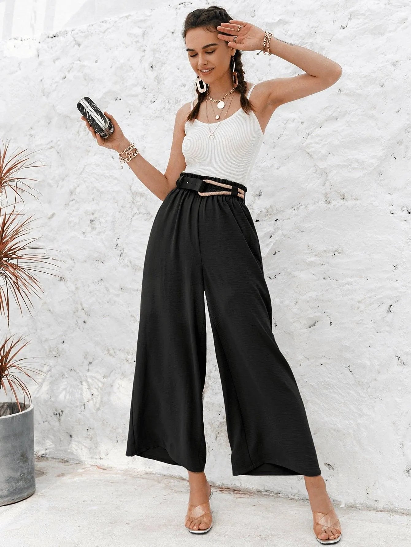 Frill Elastic Waist Wide Leg Pants Jewelry Bubble