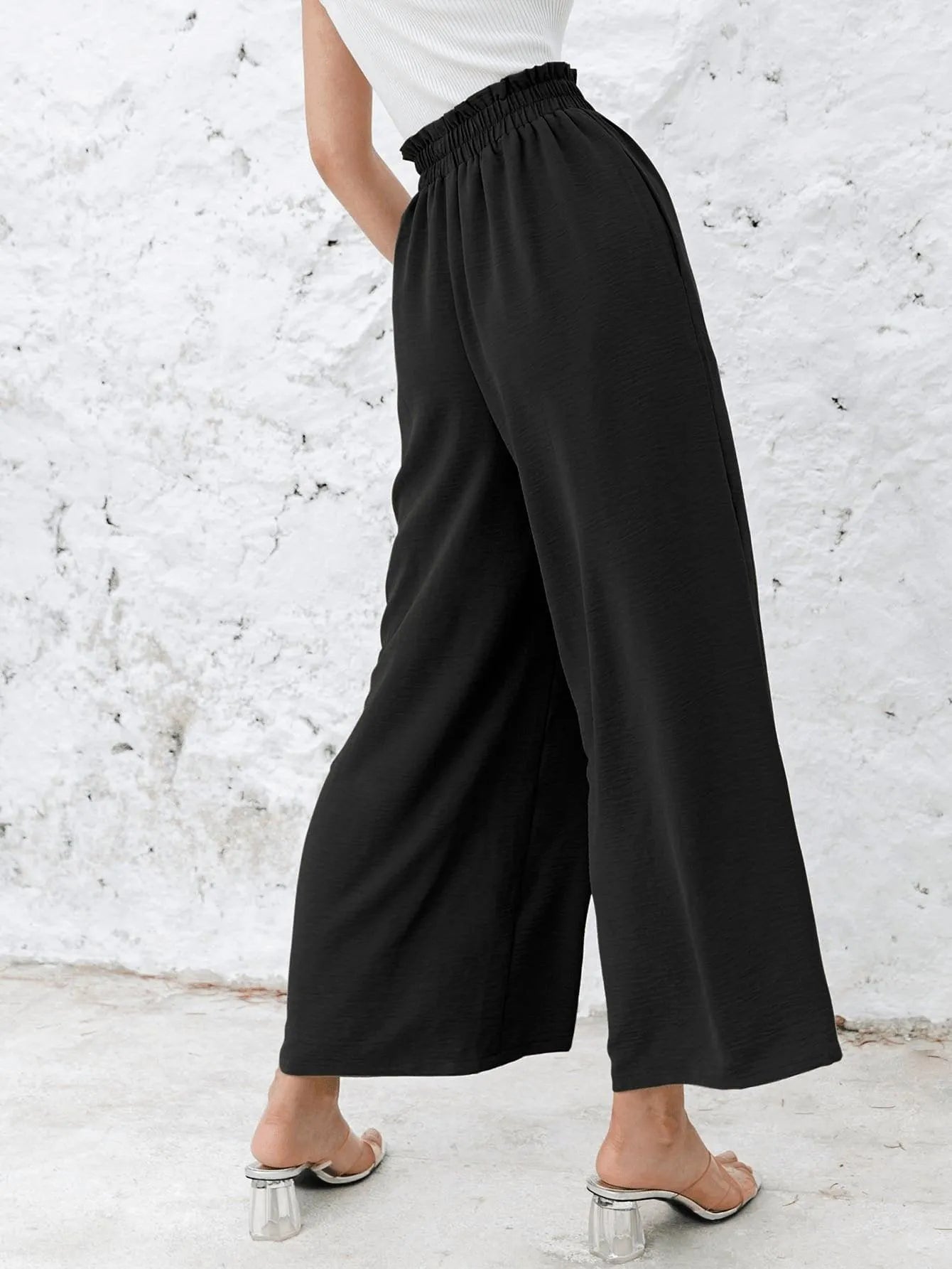 Frill Elastic Waist Wide Leg Pants Jewelry Bubble