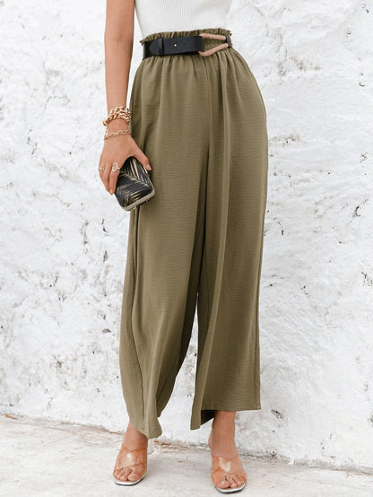 Frill Elastic Waist Wide Leg Pants Without Belt Jewelry Bubble