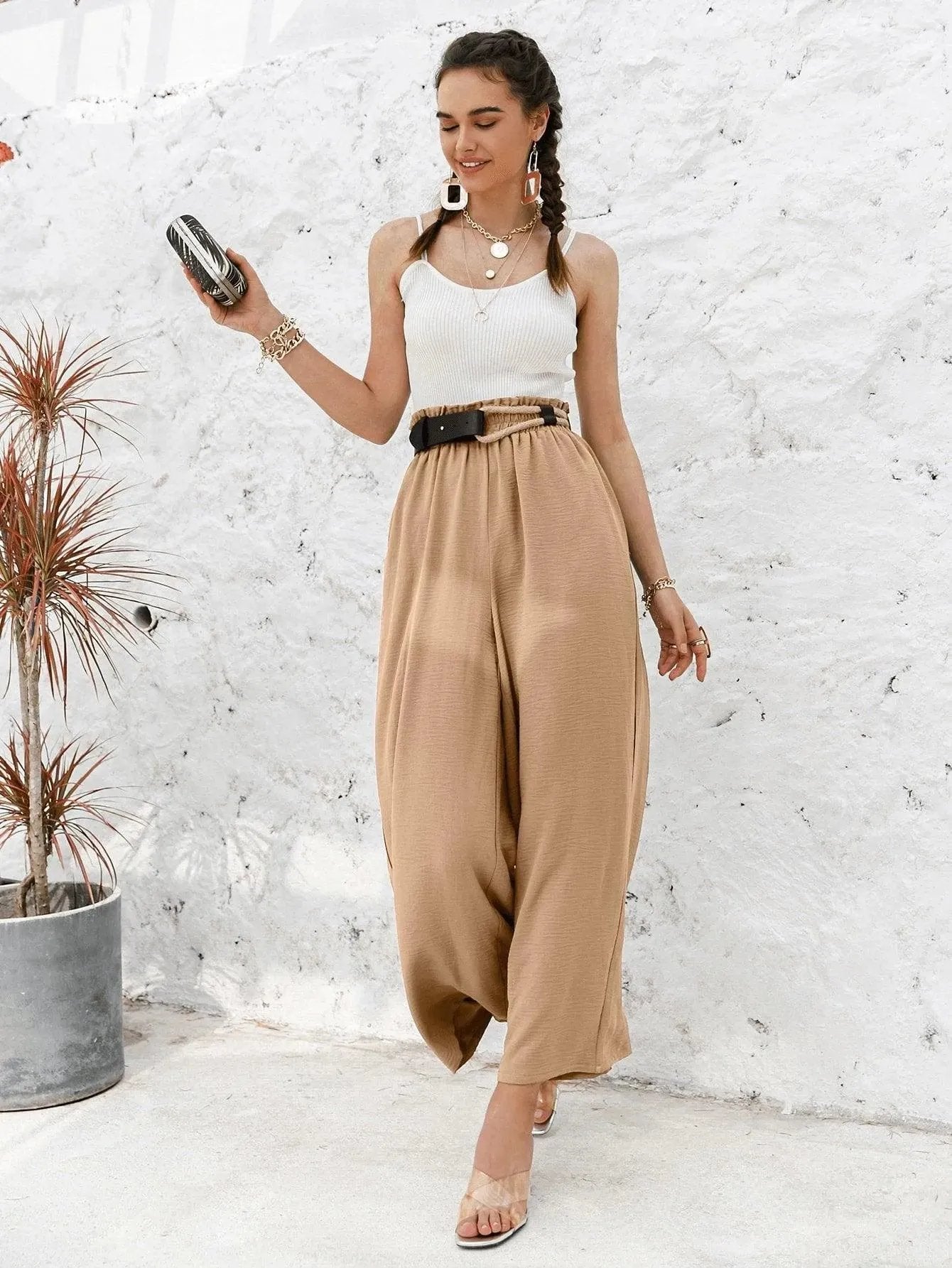 Frill Elastic Waist Wide Leg Pants Without Belt