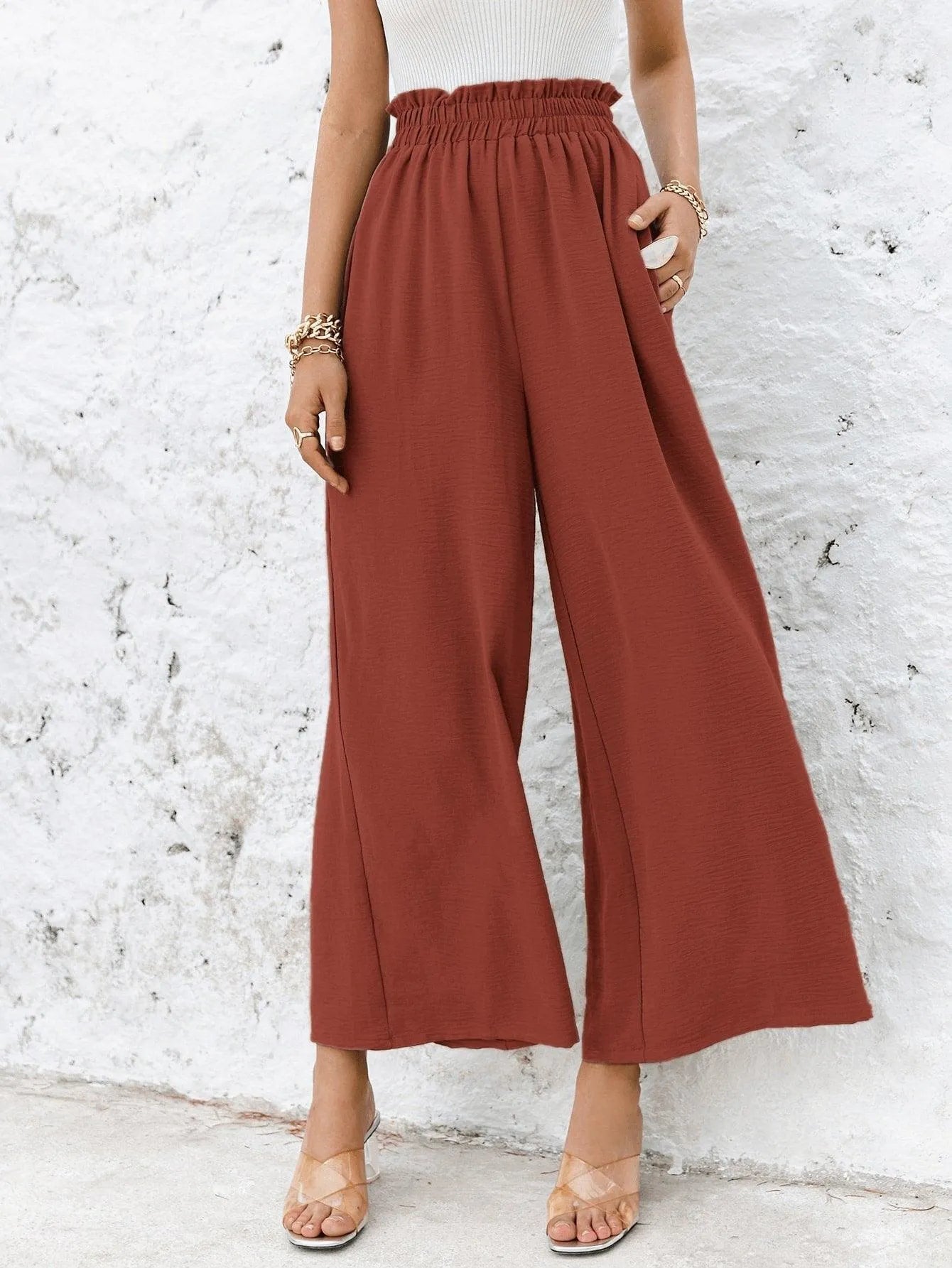 Frill Elastic Waist Wide Leg Pants Without Belt Jewelry Bubble