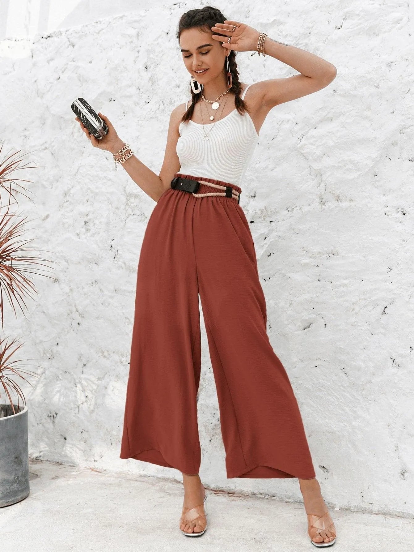 Frill Elastic Waist Wide Leg Pants Without Belt Jewelry Bubble