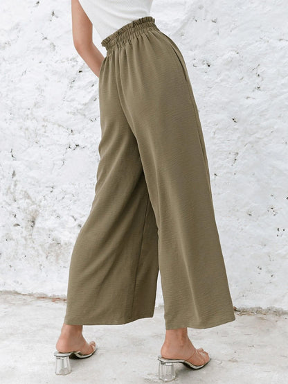 Frill Elastic Waist Wide Leg Pants Without Belt Jewelry Bubble