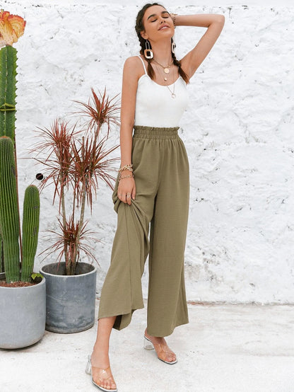 Frill Elastic Waist Wide Leg Pants Without Belt Jewelry Bubble