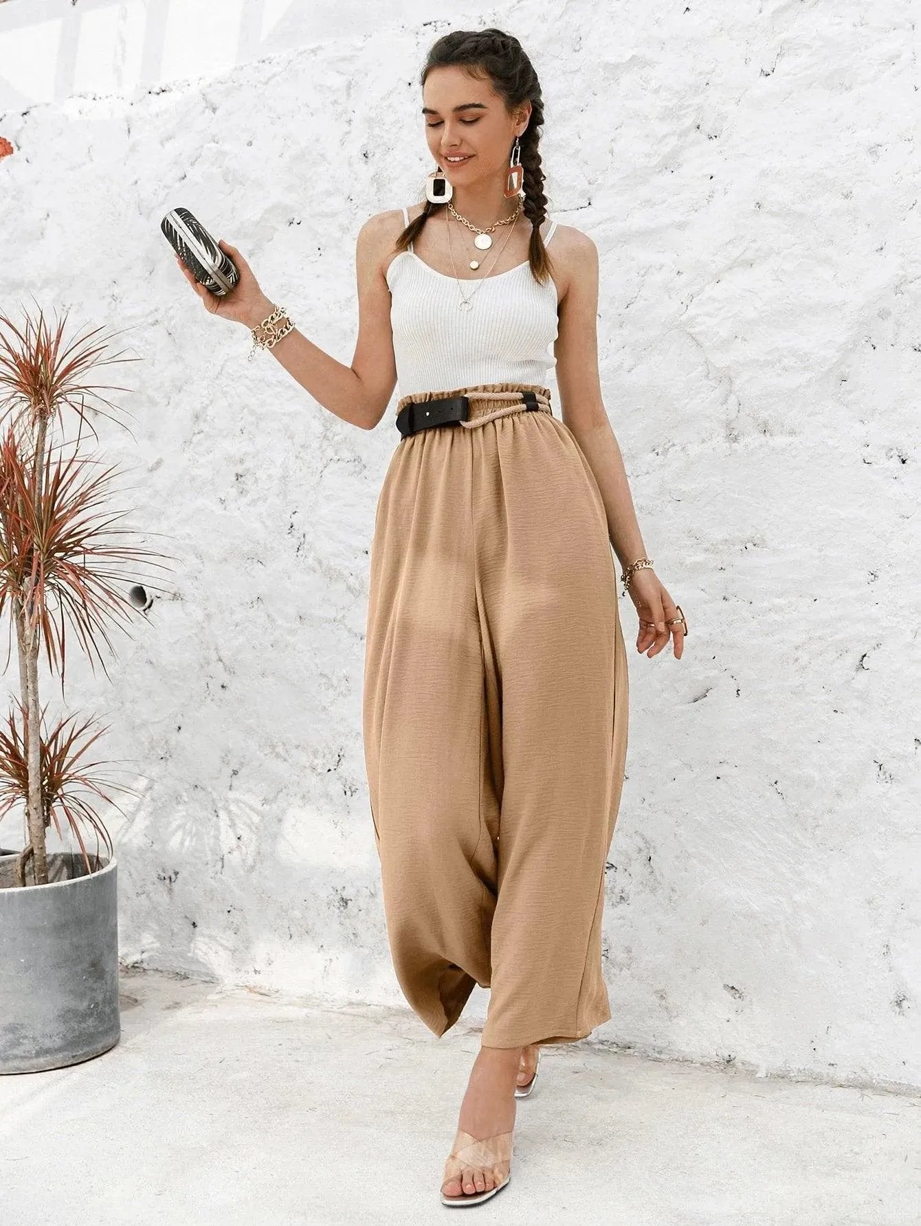 Frill Elastic Waist Wide Leg Pants Without Belt