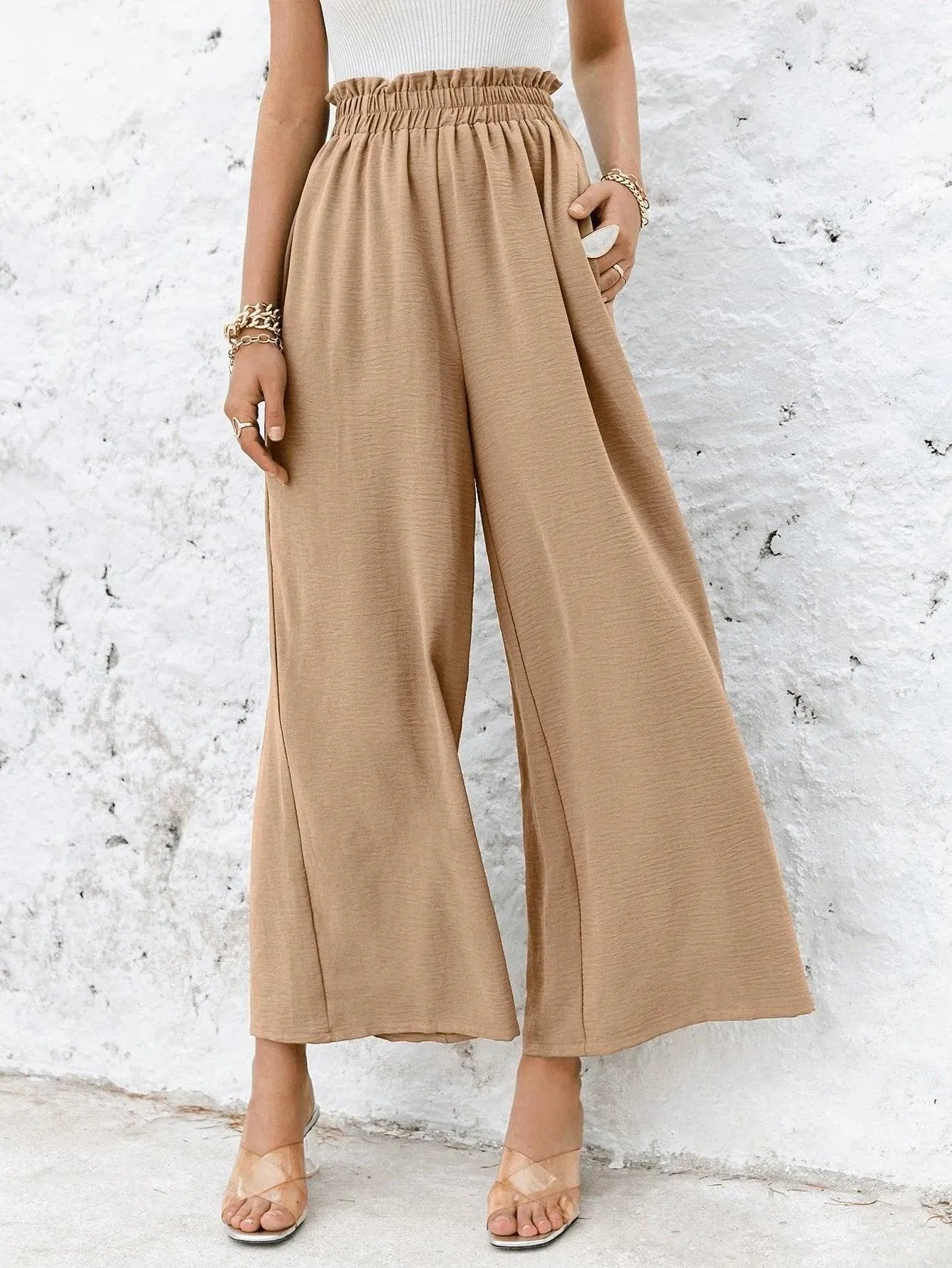Frill Elastic Waist Wide Leg Pants Without Belt