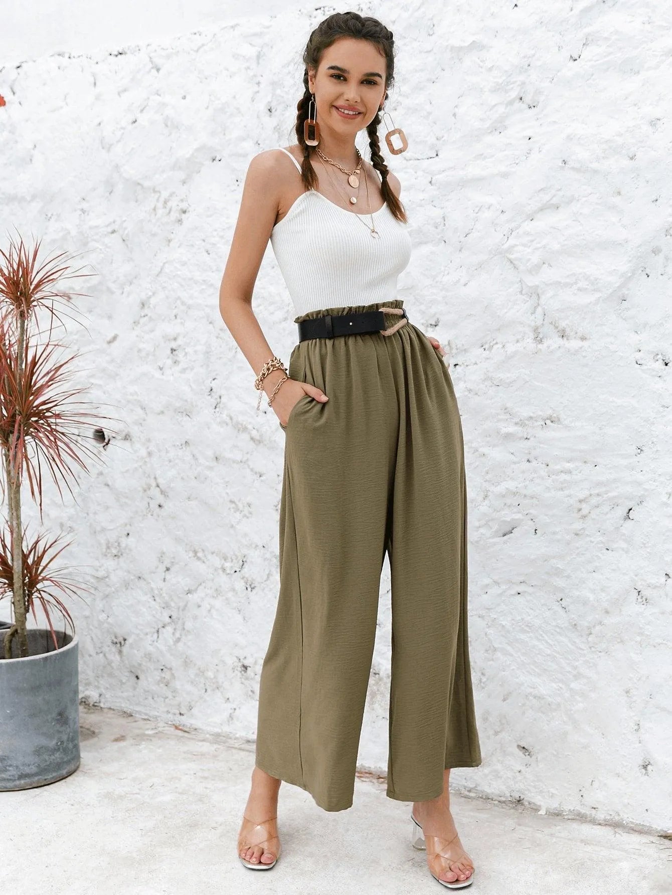 Frill Elastic Waist Wide Leg Pants Without Belt Jewelry Bubble