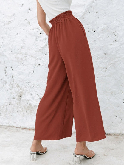 Frill Elastic Waist Wide Leg Pants Without Belt Jewelry Bubble