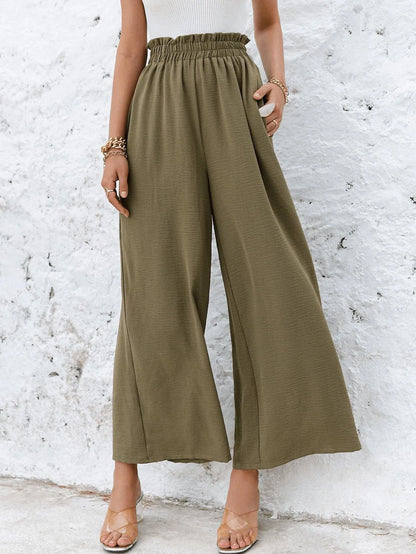 Frill Elastic Waist Wide Leg Pants Without Belt Jewelry Bubble