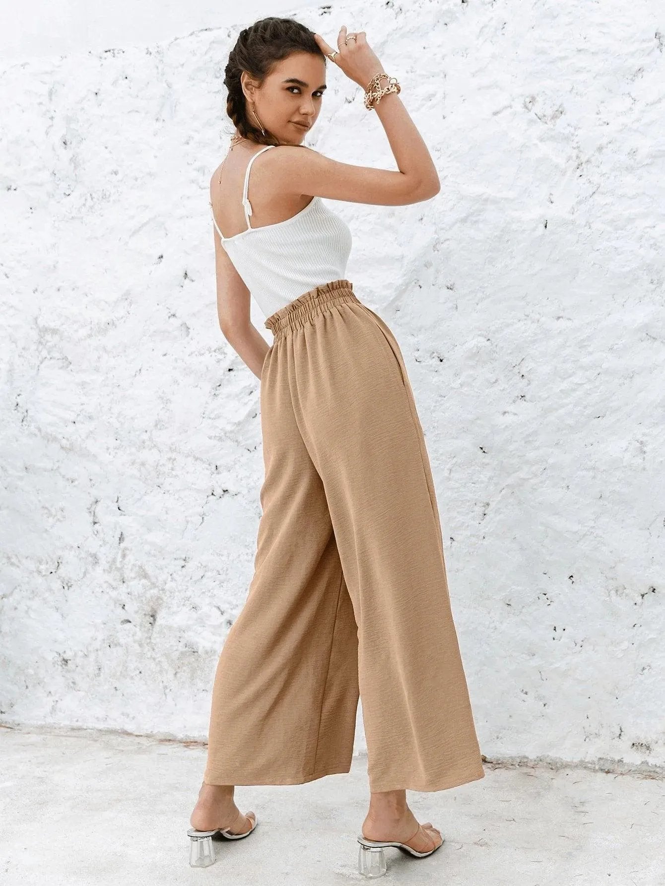 Frill Elastic Waist Wide Leg Pants Without Belt
