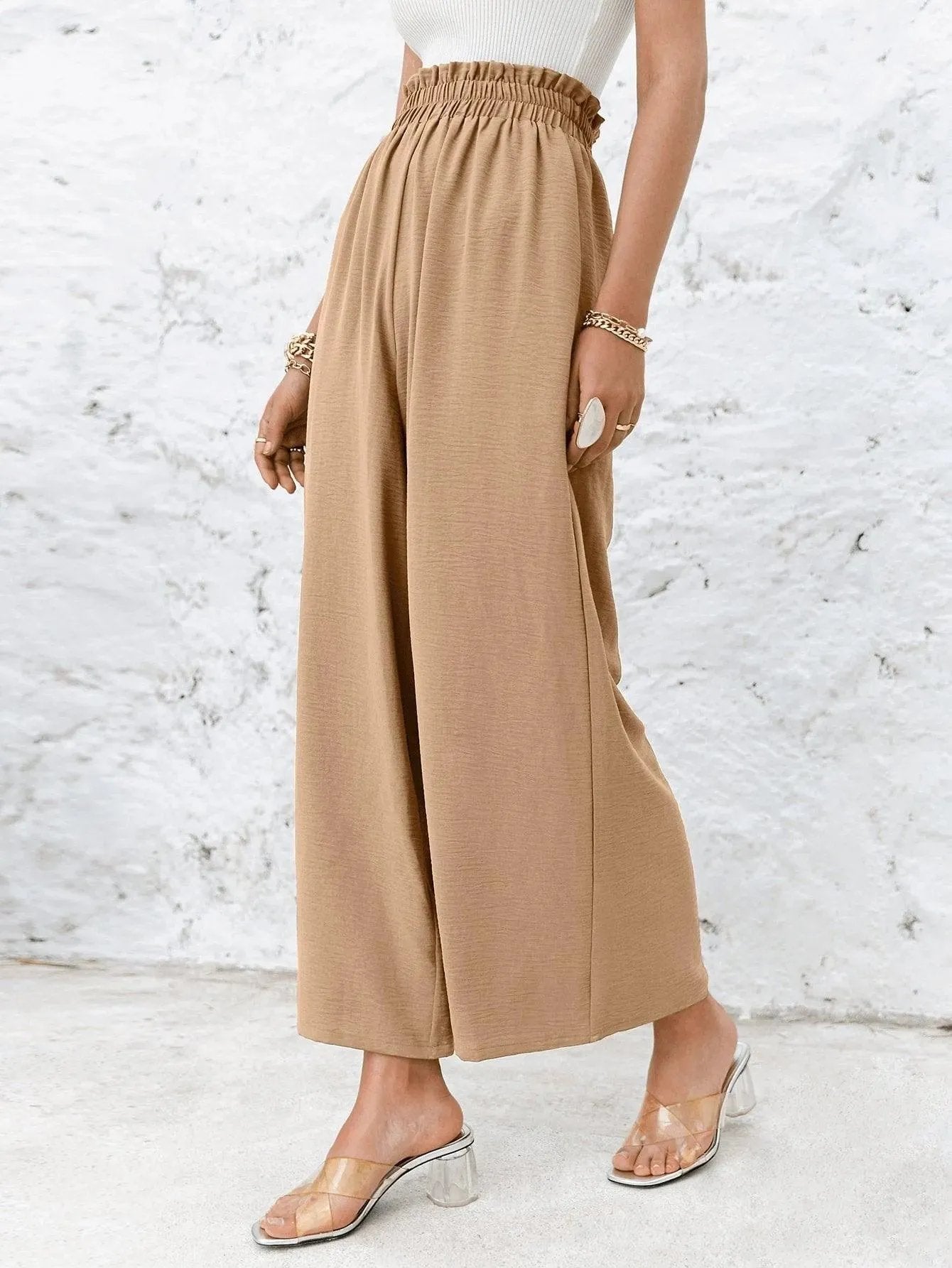 Frill Elastic Waist Wide Leg Pants Without Belt
