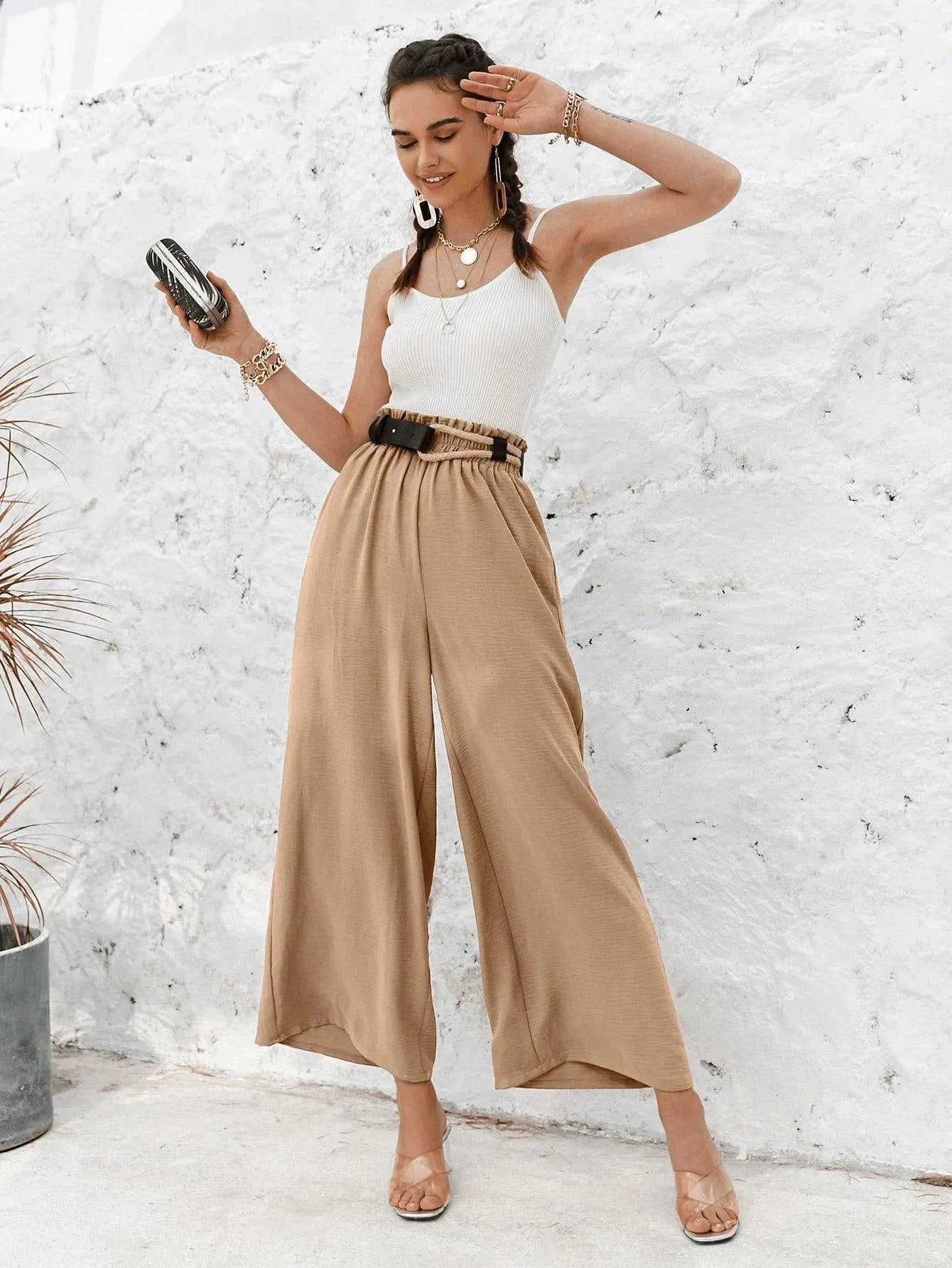 Frill Elastic Waist Wide Leg Pants Without Belt