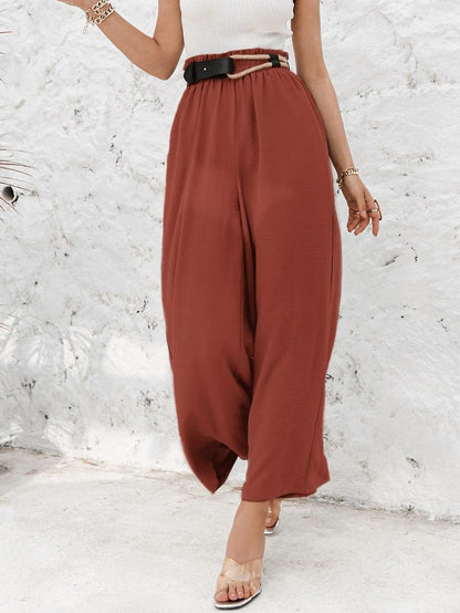 Frill Elastic Waist Wide Leg Pants Without Belt Jewelry Bubble