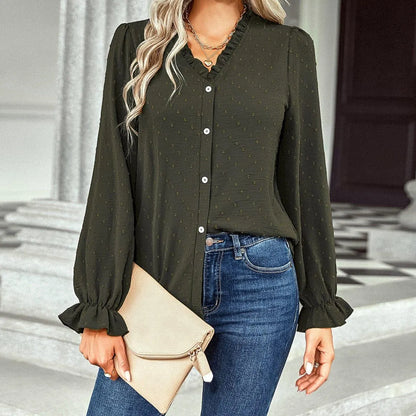 Frill Trim Button Up Swiss Dot Puff Sleeve Shirt Jewelry Bubble