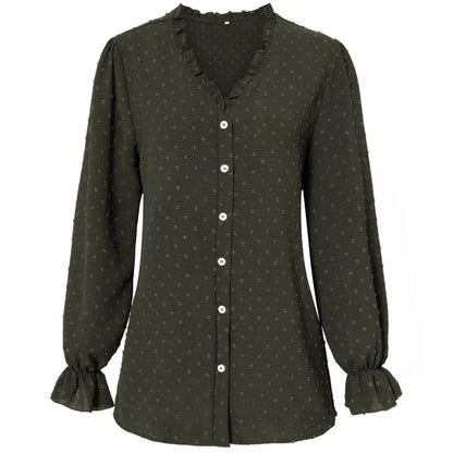 Frill Trim Button Up Swiss Dot Puff Sleeve Shirt Jewelry Bubble