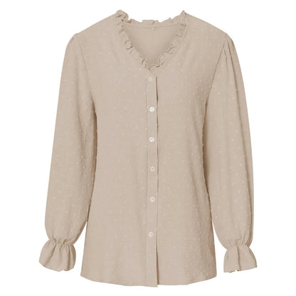 Frill Trim Button Up Swiss Dot Puff Sleeve Shirt Jewelry Bubble