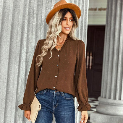 Frill Trim Button Up Swiss Dot Puff Sleeve Shirt Jewelry Bubble