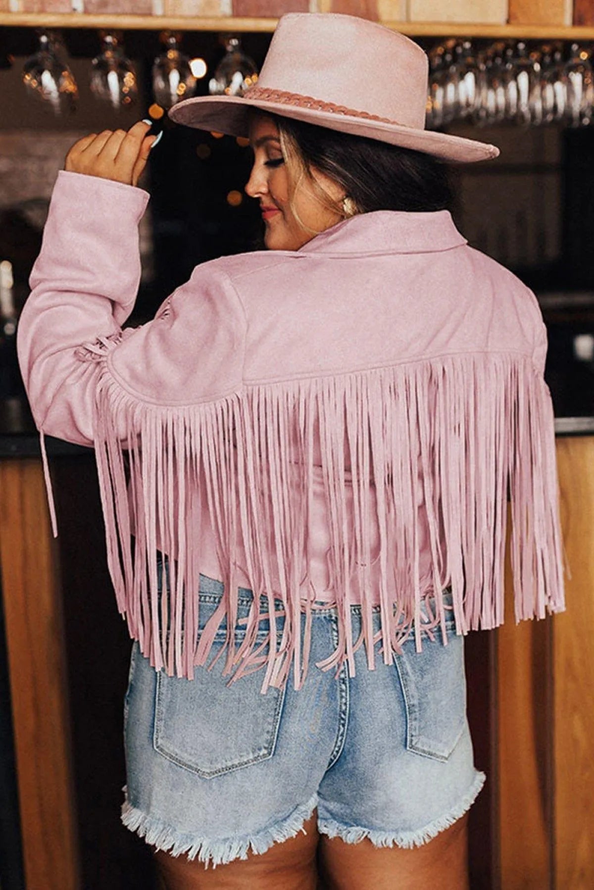 Fringe Plus Size Cropped Jacket Pink Jewelry Bubble