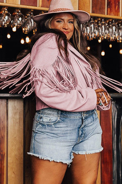 Fringe Plus Size Cropped Jacket Pink Jewelry Bubble