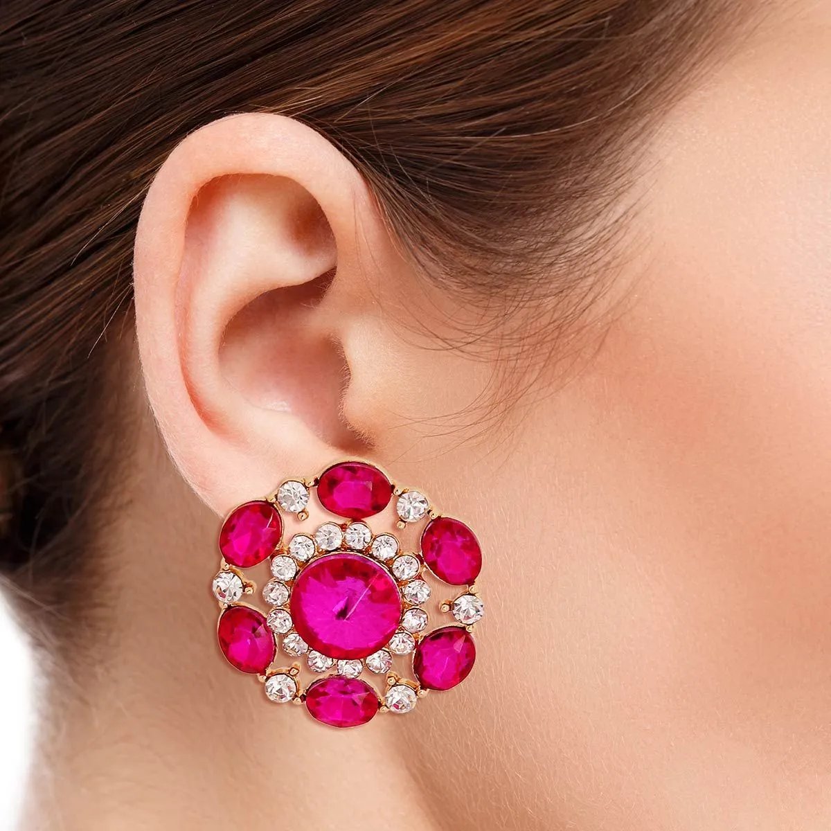 Fuchsia Crystal-Rhinestones Circle Stud Earrings: Add a Sparkling Touch to Your Look