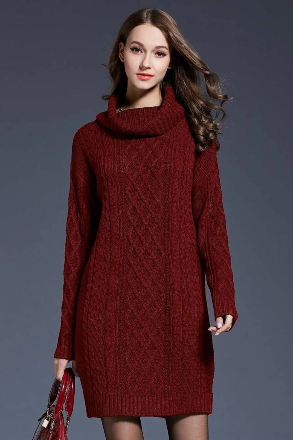 Full Size Mixed Knit Cowl Neck Dropped Shoulder Sweater Dress Jewelry Bubble