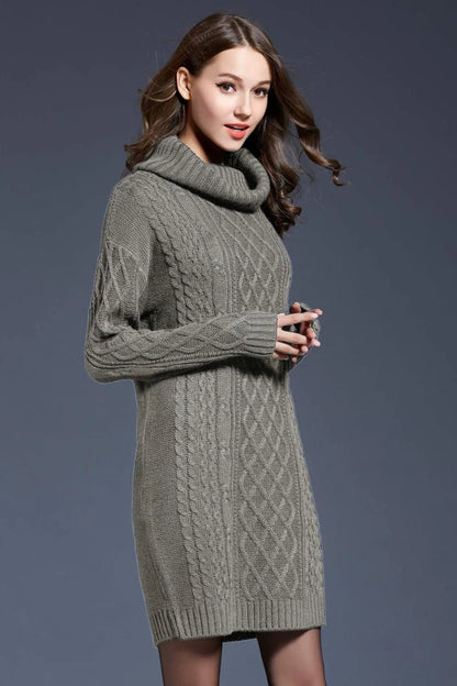 Full Size Mixed Knit Cowl Neck Dropped Shoulder Sweater Dress Jewelry Bubble