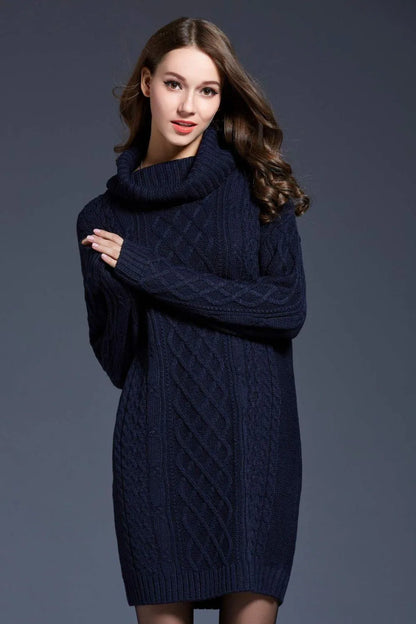 Full Size Mixed Knit Cowl Neck Dropped Shoulder Sweater Dress Jewelry Bubble