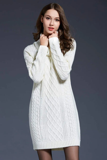 Full Size Mixed Knit Cowl Neck Dropped Shoulder Sweater Dress Jewelry Bubble