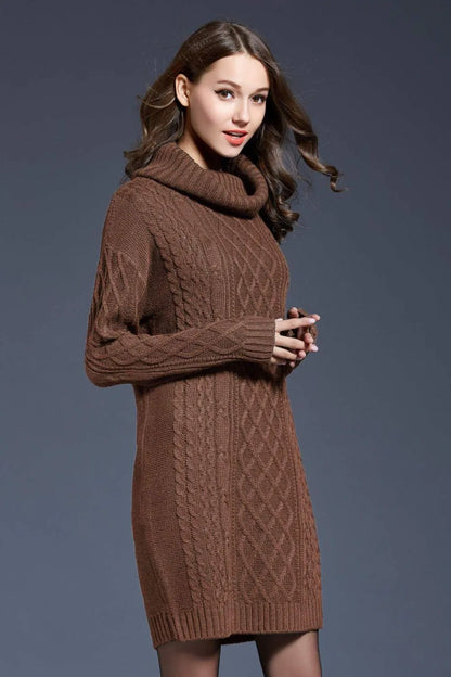 Full Size Mixed Knit Cowl Neck Dropped Shoulder Sweater Dress Jewelry Bubble