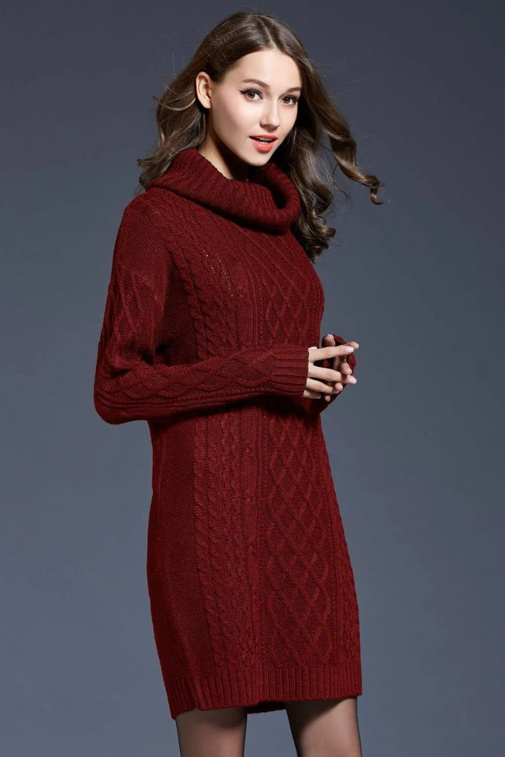 Full Size Mixed Knit Cowl Neck Dropped Shoulder Sweater Dress Jewelry Bubble