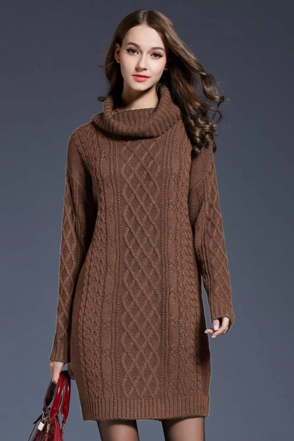 Full Size Mixed Knit Cowl Neck Dropped Shoulder Sweater Dress Jewelry Bubble