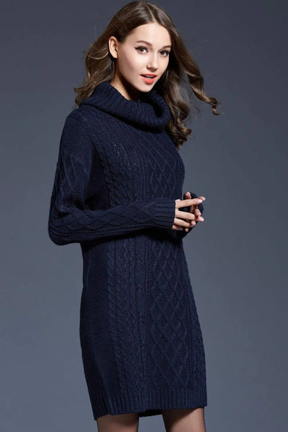 Full Size Mixed Knit Cowl Neck Dropped Shoulder Sweater Dress Jewelry Bubble