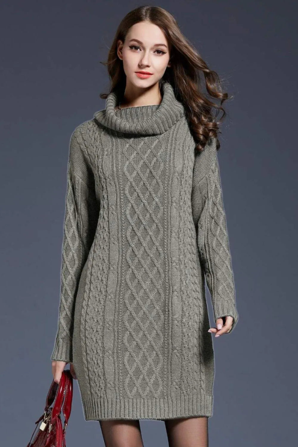 Full Size Mixed Knit Cowl Neck Dropped Shoulder Sweater Dress Jewelry Bubble