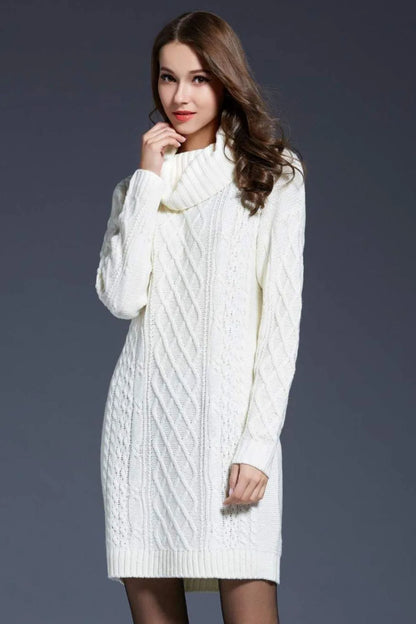 Full Size Mixed Knit Cowl Neck Dropped Shoulder Sweater Dress Jewelry Bubble