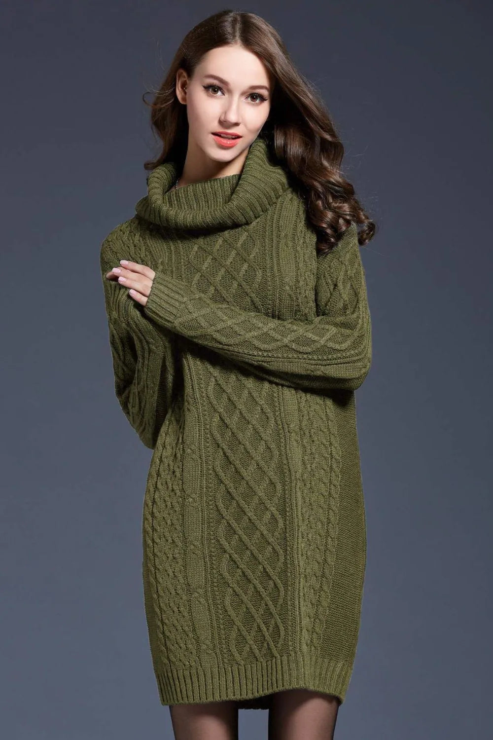 Full Size Mixed Knit Cowl Neck Dropped Shoulder Sweater Dress Jewelry Bubble