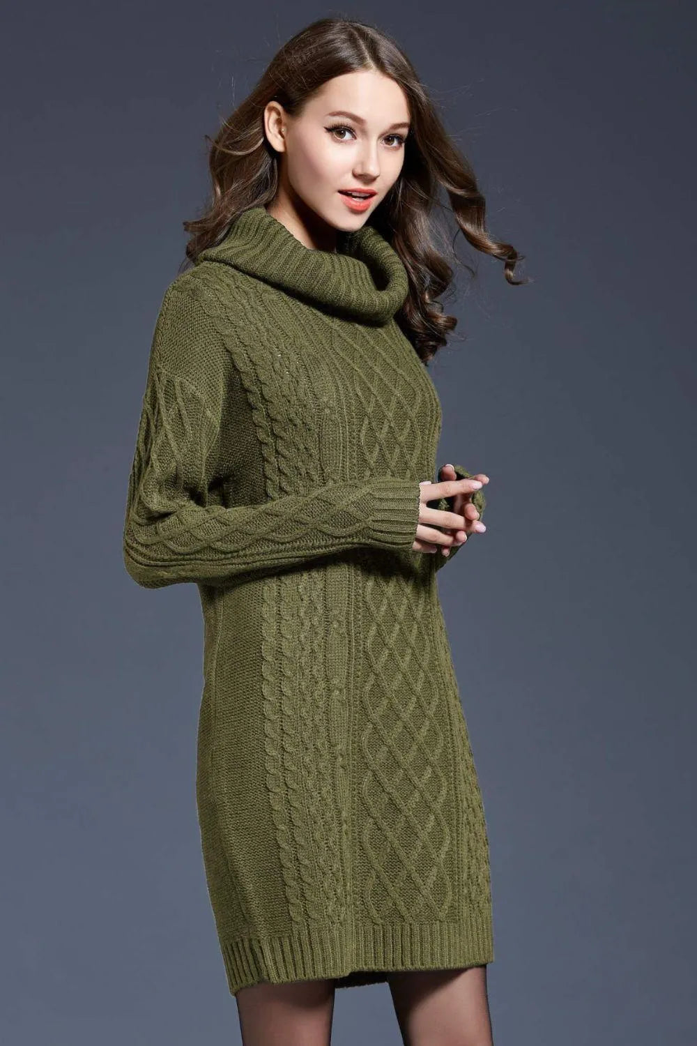 Full Size Mixed Knit Cowl Neck Dropped Shoulder Sweater Dress Jewelry Bubble